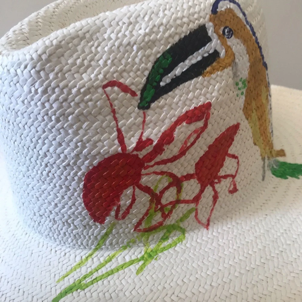 Onia Rosa Panama Hat w Hand Painted Toucan & Flower Detail Limited Edition NWT